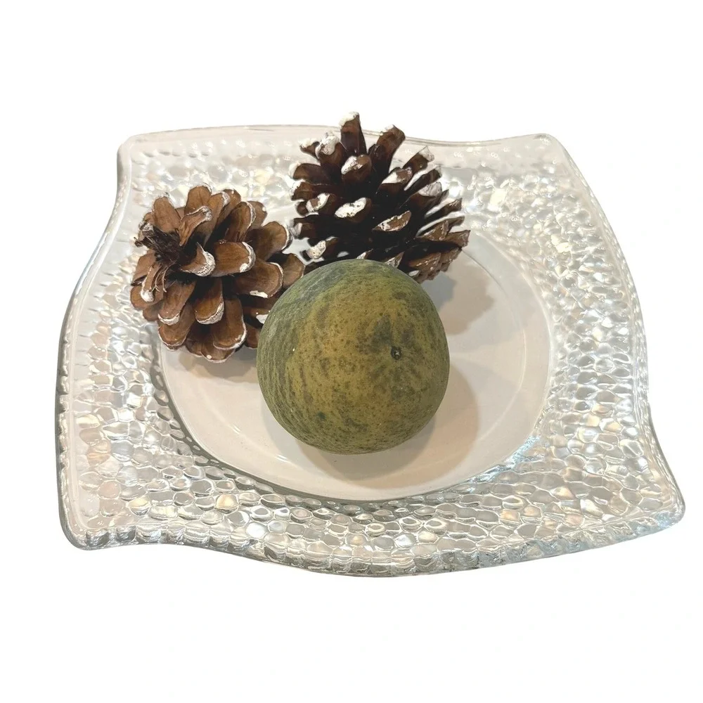 PartyLite Clear Textured Glass 3-Wick‎ Candle Holder Plate Wave Edge Table Decor